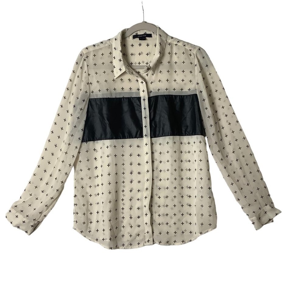 Paper Tee Button Up Blouse Top Women‎ Large White Black Semi-Sheer Long Sleeve